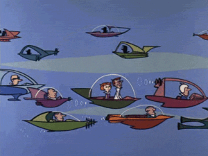 GIF com carros voadores do desenho os Jetsons